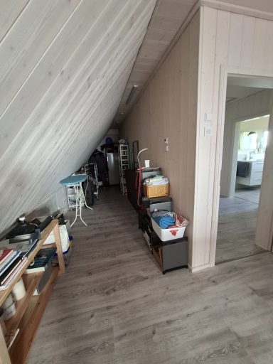 Schmaler Flur unter einem Dachschräge mit Regalen und Kisten.