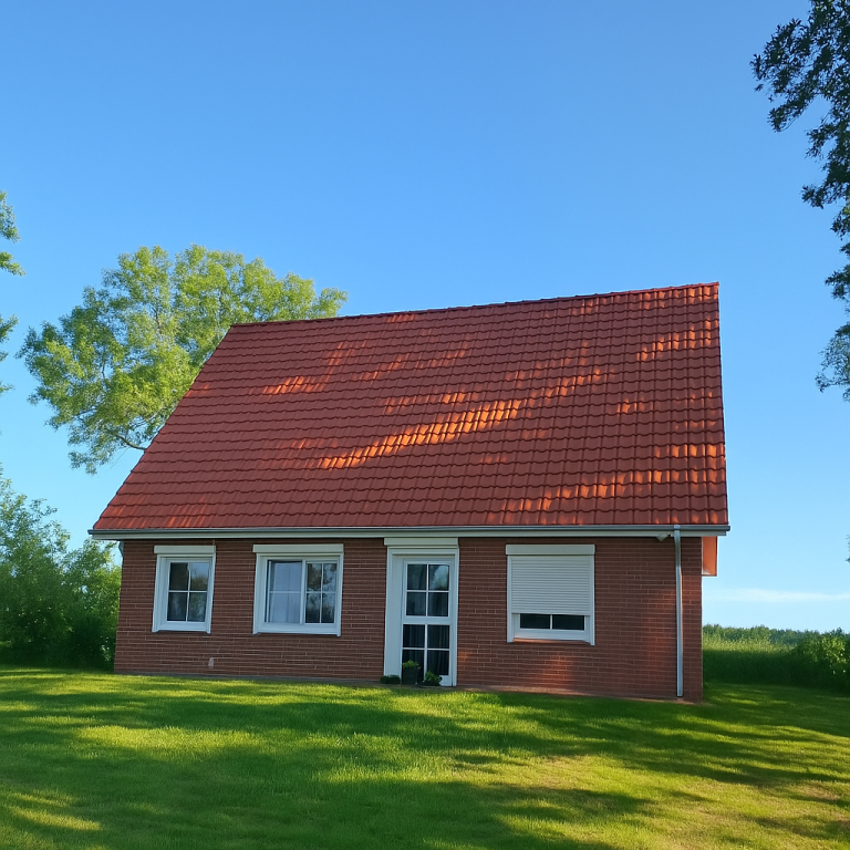 Einfamilienhaus mit großer Hoffläche und Zufahrt in Oederquart Rotes Haus mit Satteldach in einer grünen Umgebung und klarem blauen Himmel.