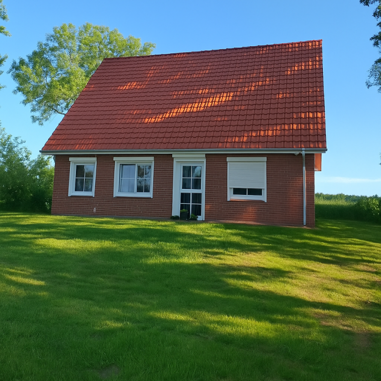 Ein rotes Haus mit Satteldach steht auf einer grünen Wiese unter blauem Himmel.