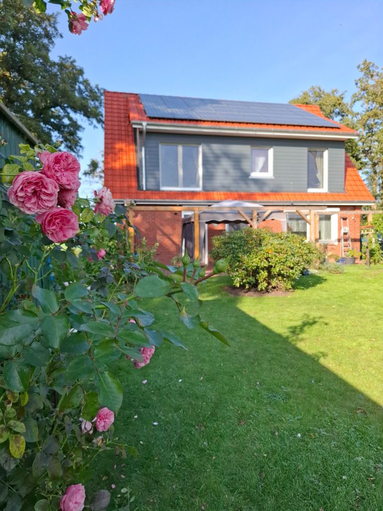 Kernsaniertes Einfamilienhaus in Oederquart – Vorderansicht mit Garten Ein rotes, zweigeschossiges Haus mit einem Satteldach und umliegender Grünfläche.